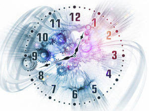 Abstract design made of gears, clock elements, dials and dynamic swirly lines on the subject of scheduling, deadlines, progress, past, present and future