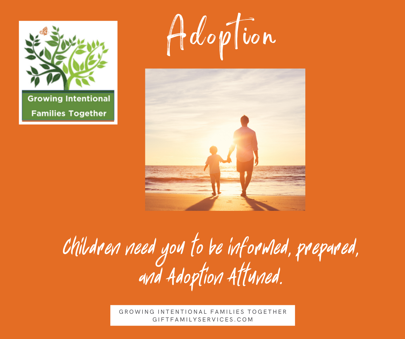 Sunset family silhouette promoting informed adoption and preparation.