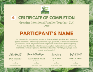 Certificate of completion for the Growing Intent Families Together program.