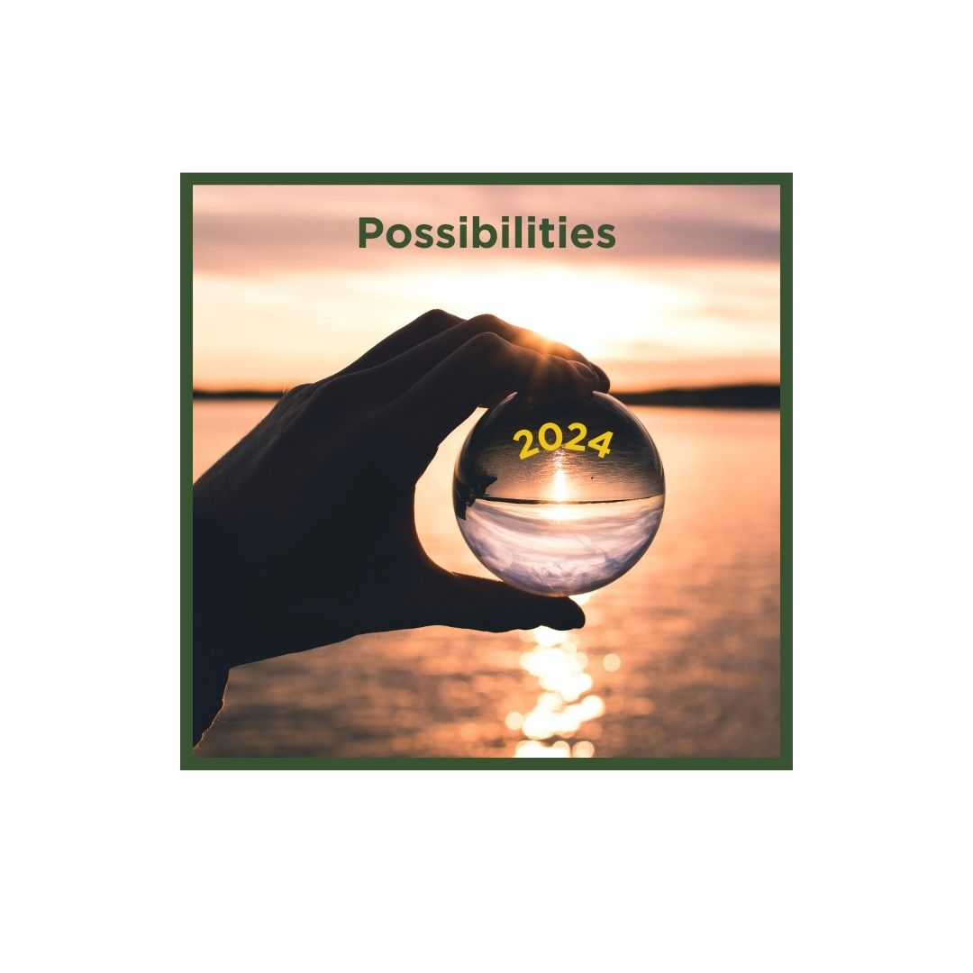 Hand holding a crystal ball showing a sunset with 'Possibilities 2024' text.