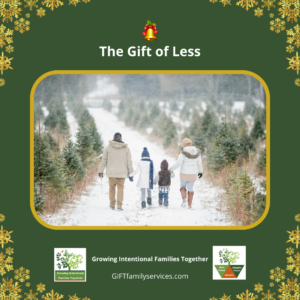 family walking down a snow-covered road between evergreen trees