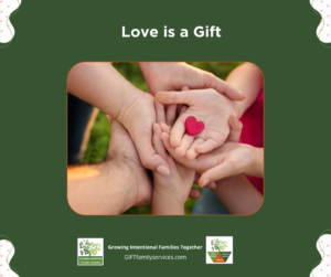 Multiple hands holding a small red heart symbolizing love and unity.
