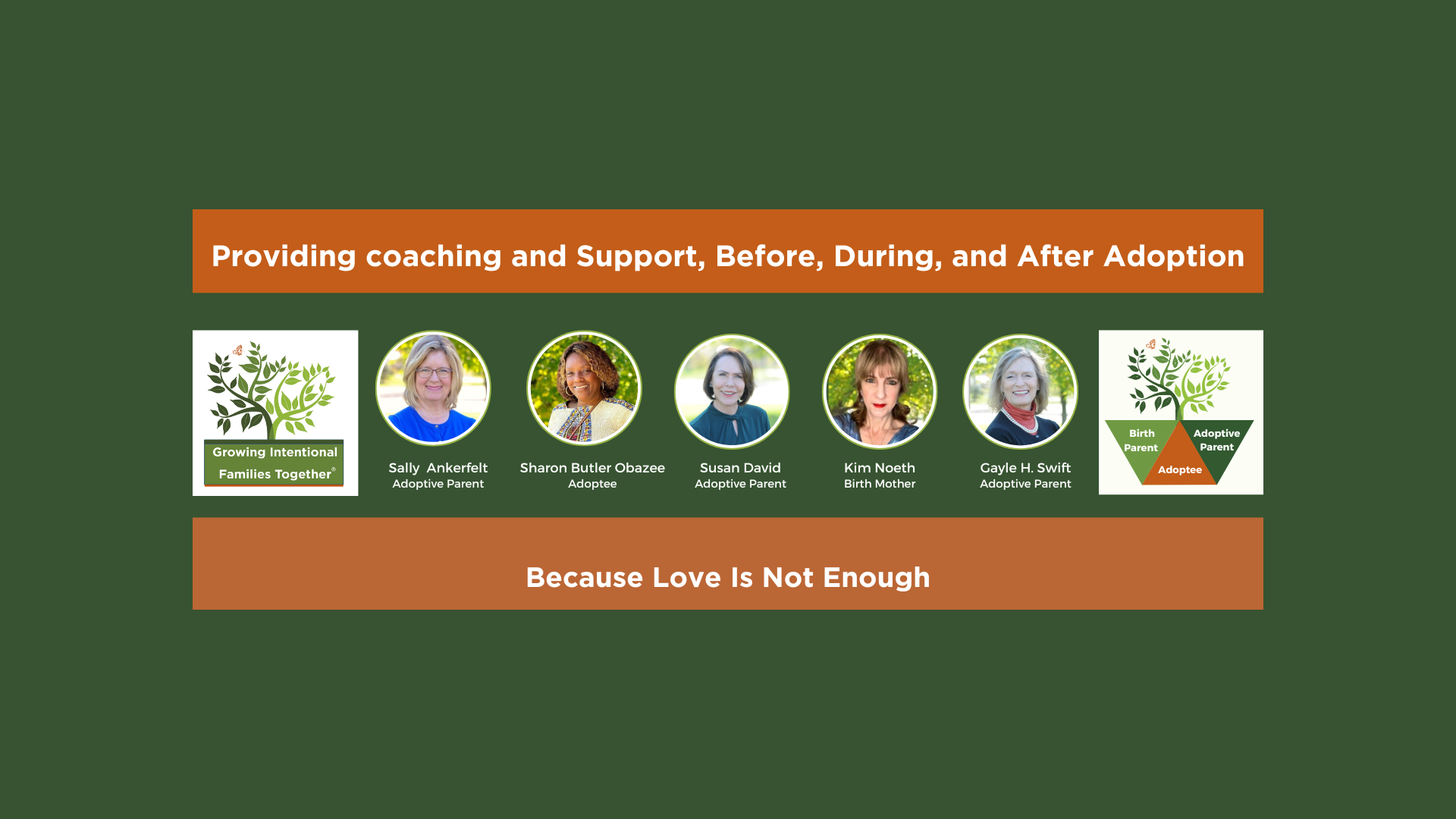 Three women smiling in a coaching support banner with the phrase 'Because Love Is Not Enough'.
